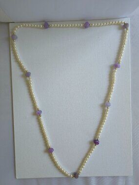 Vintage Long Faux Pearl Strand Necklace Purple Amethyst Glass Necklace